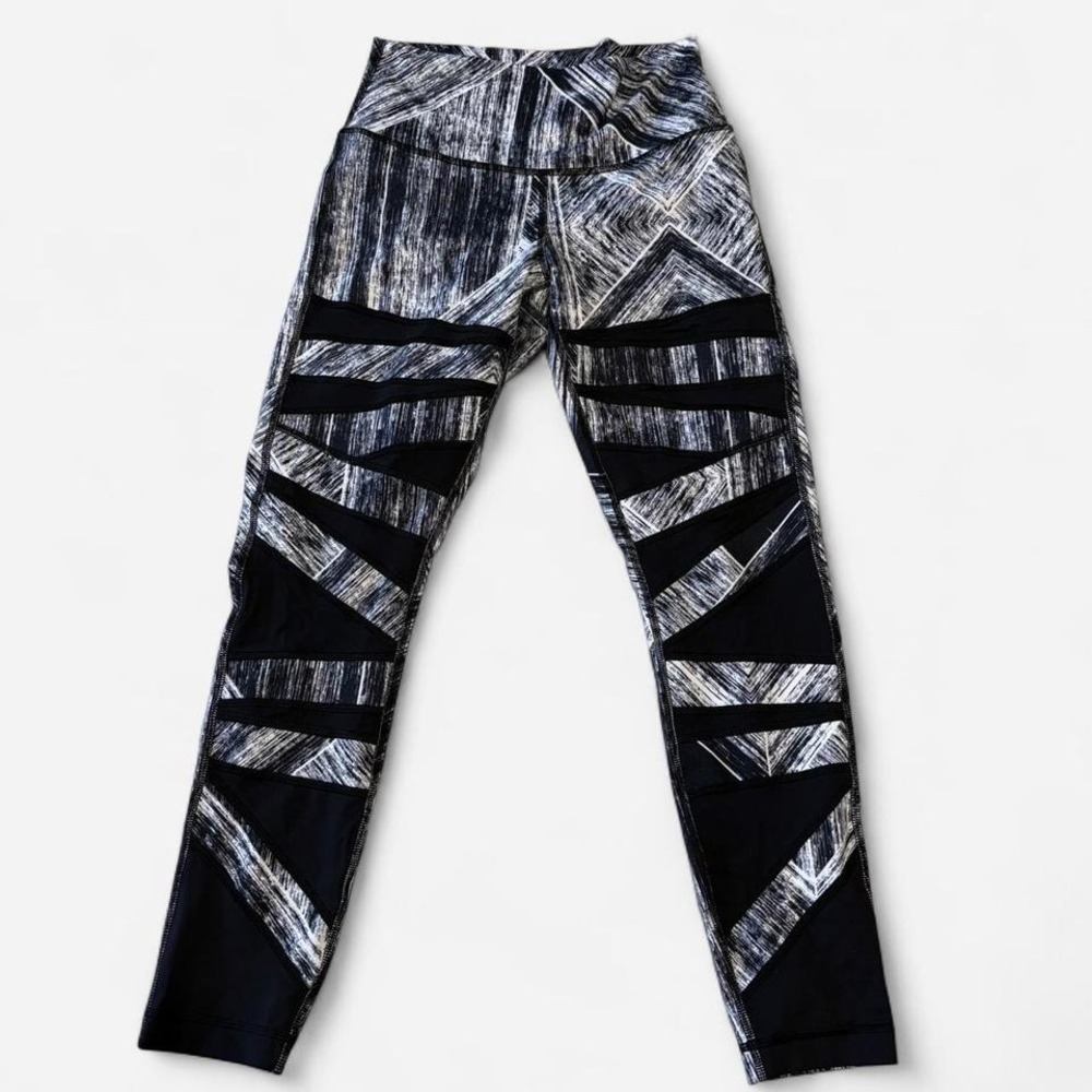Lululemon Black White Geometric Mesh Panel Leggings Activewear Womens Size